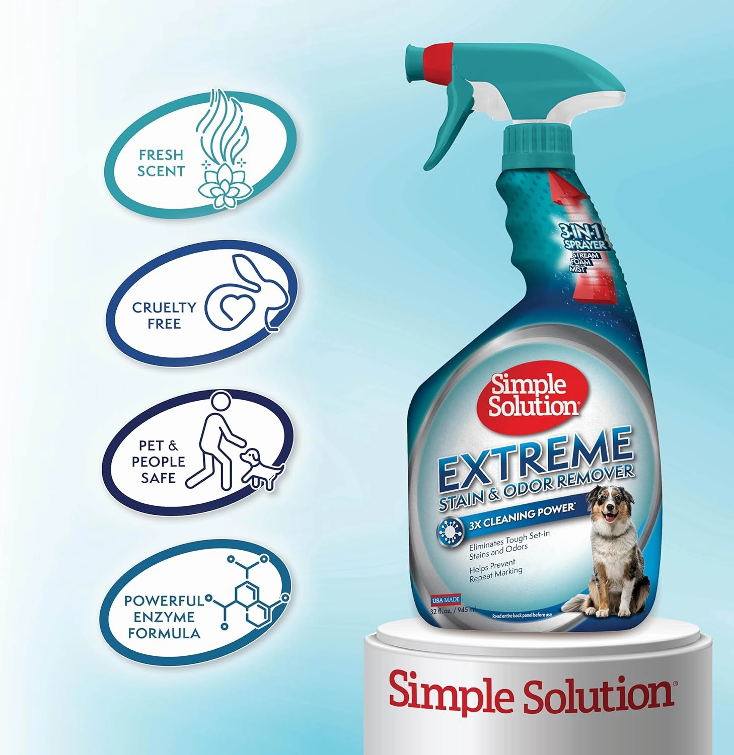 Simple Solution Extreme Pet Stain and Odor Eliminator Spray, Pee Stain Remover, Enzyme Cleaner, 3X Pro-Bacteria Cleaning Power, Dog Odor Remover, 32 oz and Gallon