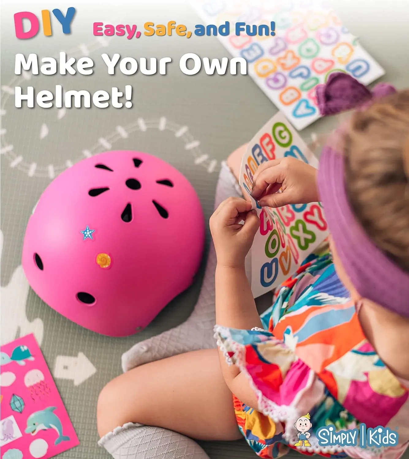 Simply Kids Bike Helmet with DIY Stickers, CPSC & CE Certified - Toddler Helmet for Skateboard Roller-Skating Bicycle Scooter