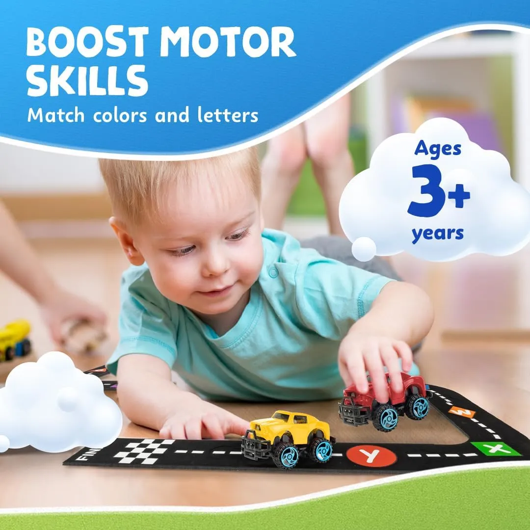 Skoolzy 36-Piece Alphabet Cars - Alphabet Learning Toys with Felt Track Set for ABC Recognition - Ideal Manipulatives for Preschoolers, 3 Year Old Boy Gift, and Toys for 2 Year Old Boys