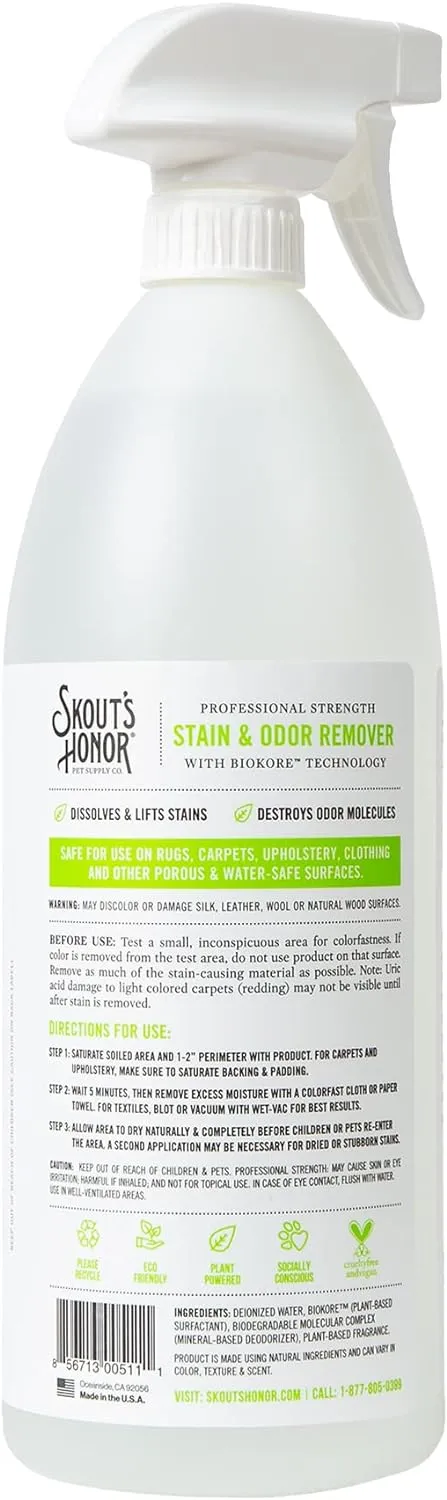 SKOUT'S HONOR Pet Stain and Odor Remover - Powerful Cleaner for Dog Urine, sweat, and other messes, Destroys and Removes Odor and Stain Molecules, Eco-Friendly Formula for Carpets and Home, 35oz