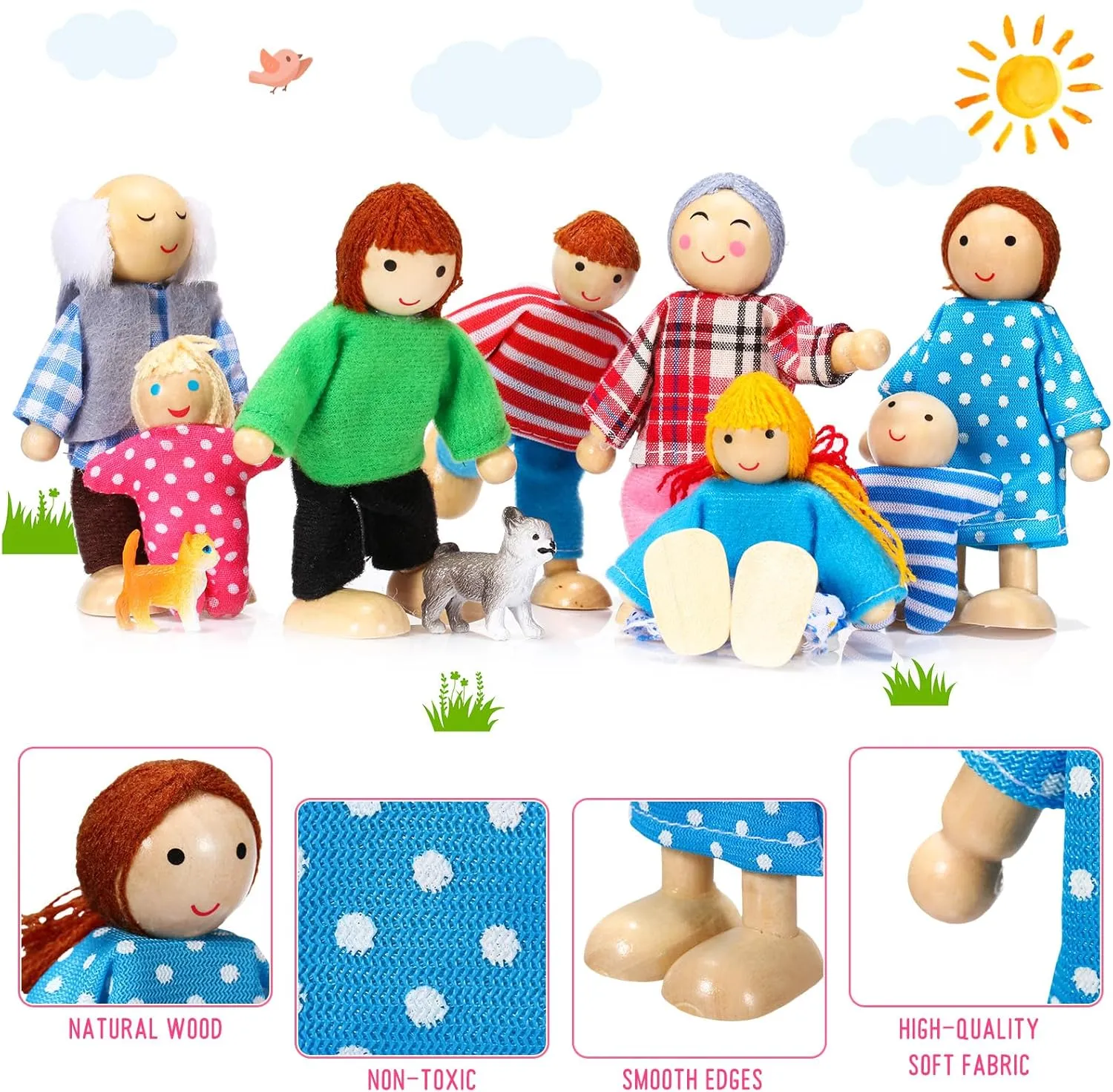 Skylety 10 Pcs Wooden Dollhouse Set of Mini People Figures Dollhouse Dolls Wooden Doll Pretend Play Figures Accessories(Pretty Style)