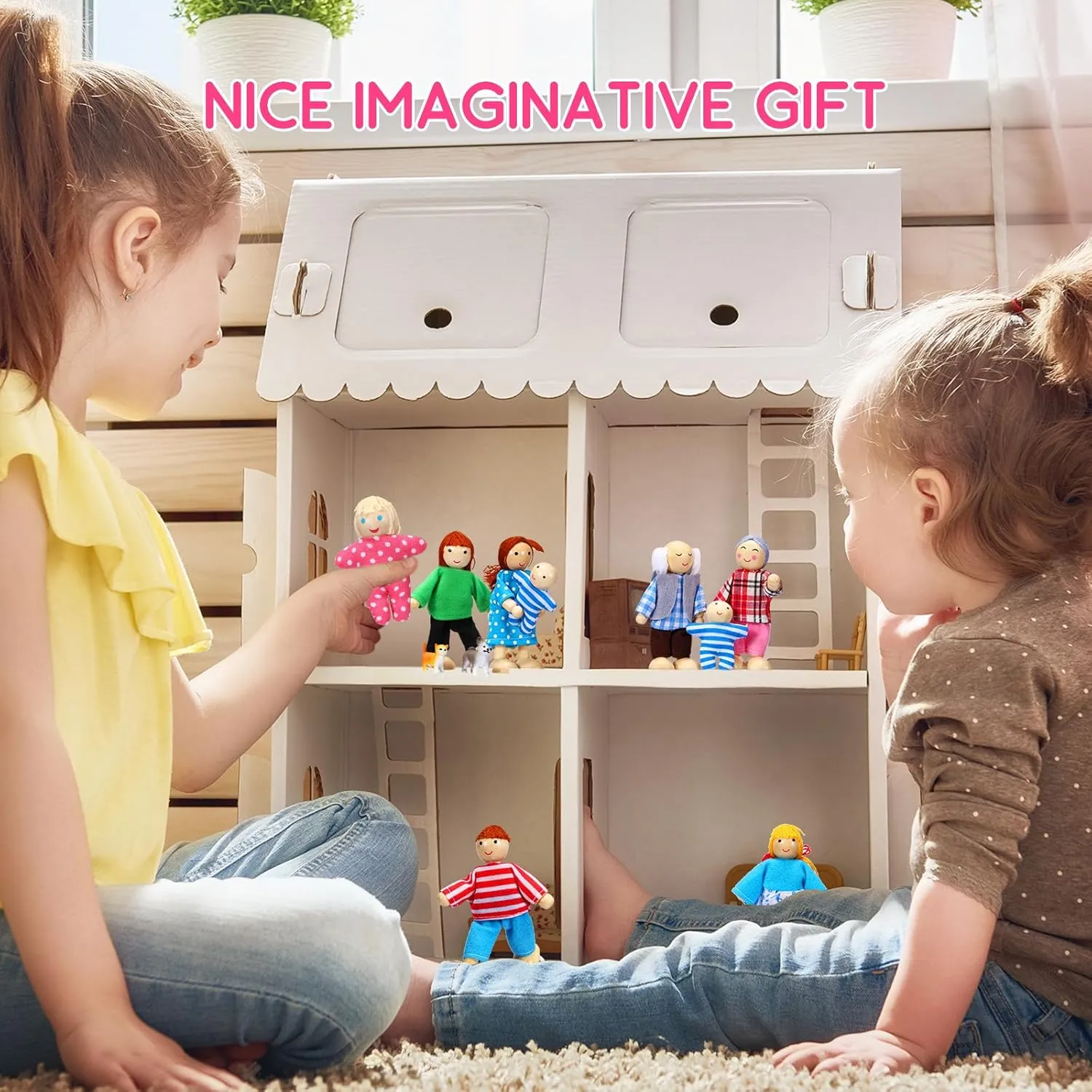 Skylety 10 Pcs Wooden Dollhouse Set of Mini People Figures Dollhouse Dolls Wooden Doll Pretend Play Figures Accessories(Pretty Style)