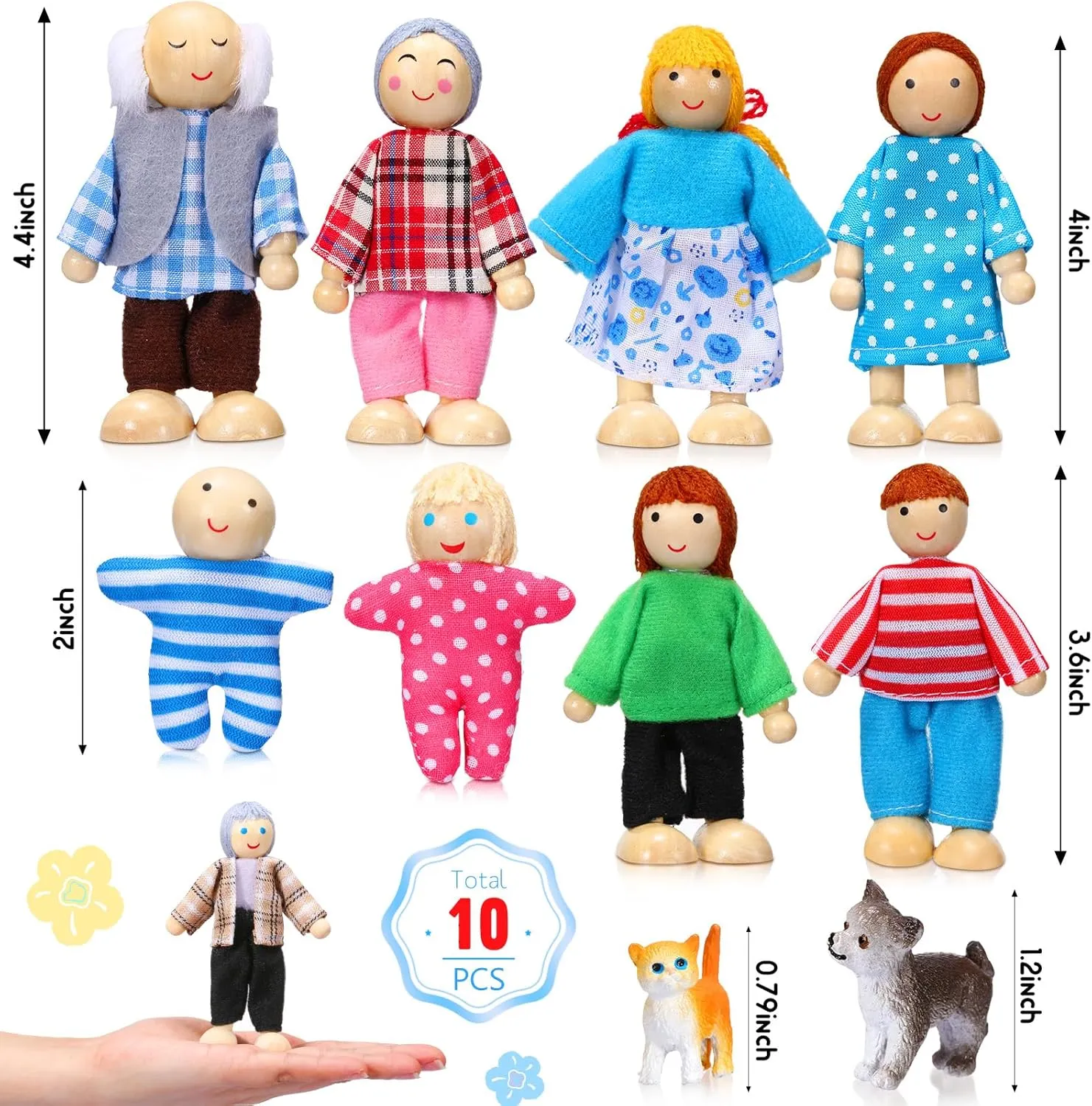 Skylety 10 Pcs Wooden Dollhouse Set of Mini People Figures Dollhouse Dolls Wooden Doll Pretend Play Figures Accessories(Pretty Style)
