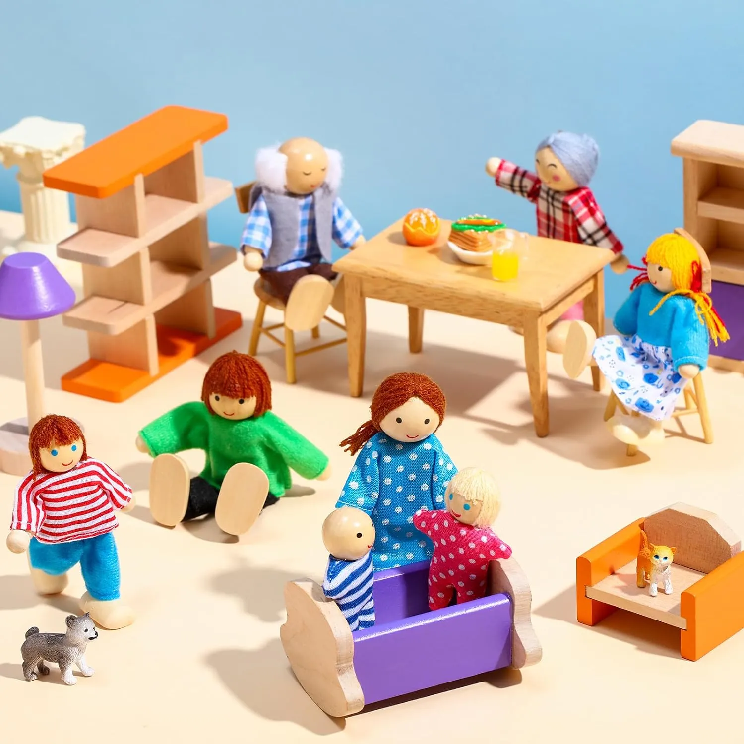 Skylety 10 Pcs Wooden Dollhouse Set of Mini People Figures Dollhouse Dolls Wooden Doll Pretend Play Figures Accessories(Pretty Style)