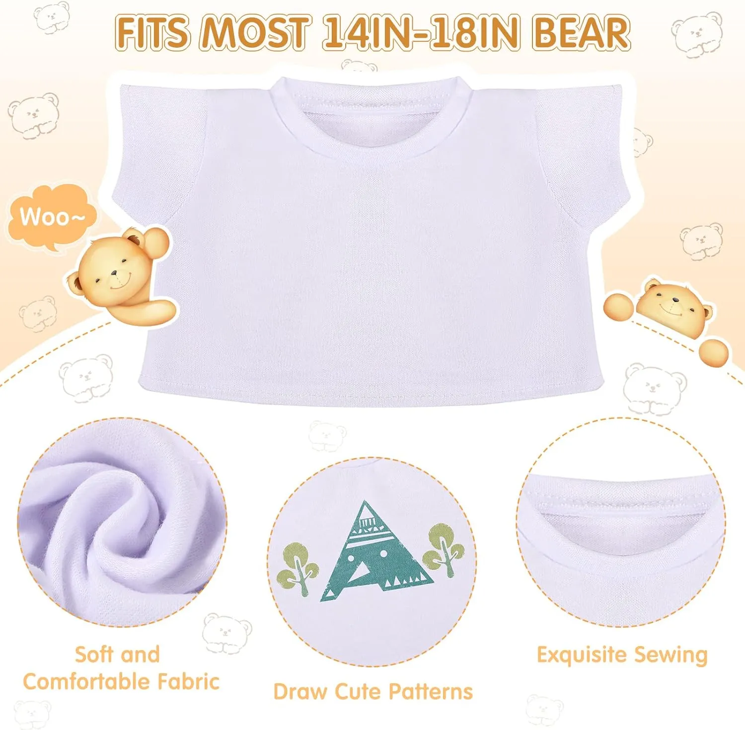 Skylety 6 Pcs Bear Clothes Basic Tee Shirt Classic Stuffed T Shirt Plush Bear Crew Neck for Stuffed Bears Doll with 14 - 18 Inch(White)