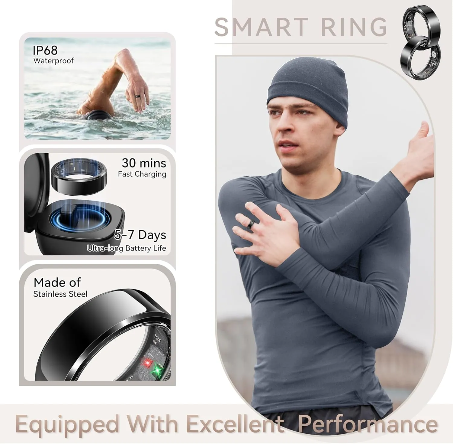 Smart Ring for Men Women, Fitness Tracker with Heart Rate/Blood Pressure/Blood Oxygen Monitor,Sleep Tracker,Pedometer,No Subscription, IP68 Waterproof Health Ring for iPhone&Android (Black, Size9)