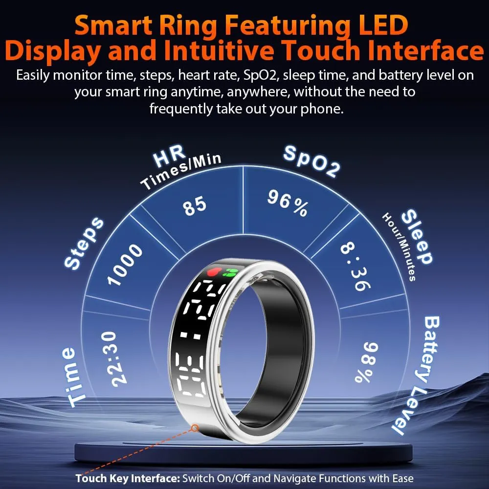 Smart Ring Health Tracker with LED Display Screen, IP68 Waterproof Fitness Tracker, Bluetooth Connection Health Ring Compatible with iOS/Android, Activity Tracker/Heart Rate/Blood Oxygen/Sleep/Step