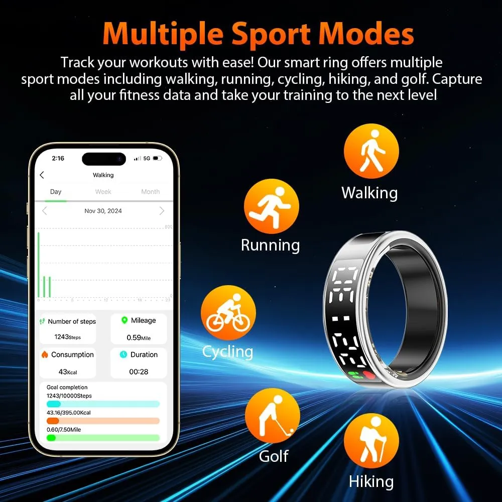 Smart Ring Health Tracker with LED Display Screen, IP68 Waterproof Fitness Tracker, Bluetooth Connection Health Ring Compatible with iOS/Android, Activity Tracker/Heart Rate/Blood Oxygen/Sleep/Step