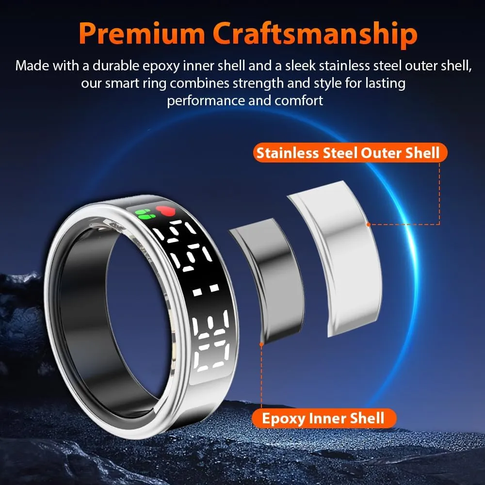 Smart Ring Health Tracker with LED Display Screen, IP68 Waterproof Fitness Tracker, Bluetooth Connection Health Ring Compatible with iOS/Android, Activity Tracker/Heart Rate/Blood Oxygen/Sleep/Step