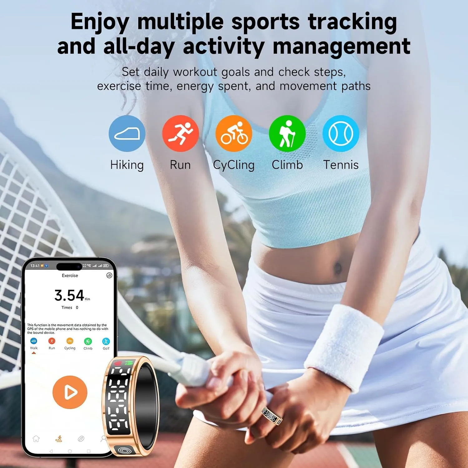 Smart Ring with Display - Fitness Tracker, Heart Rate Monitor, Sleep Tracker, Step Counter, Gesture Control for TikTok & Camera - IP68 Waterproof, Extended Battery Life Gold #10