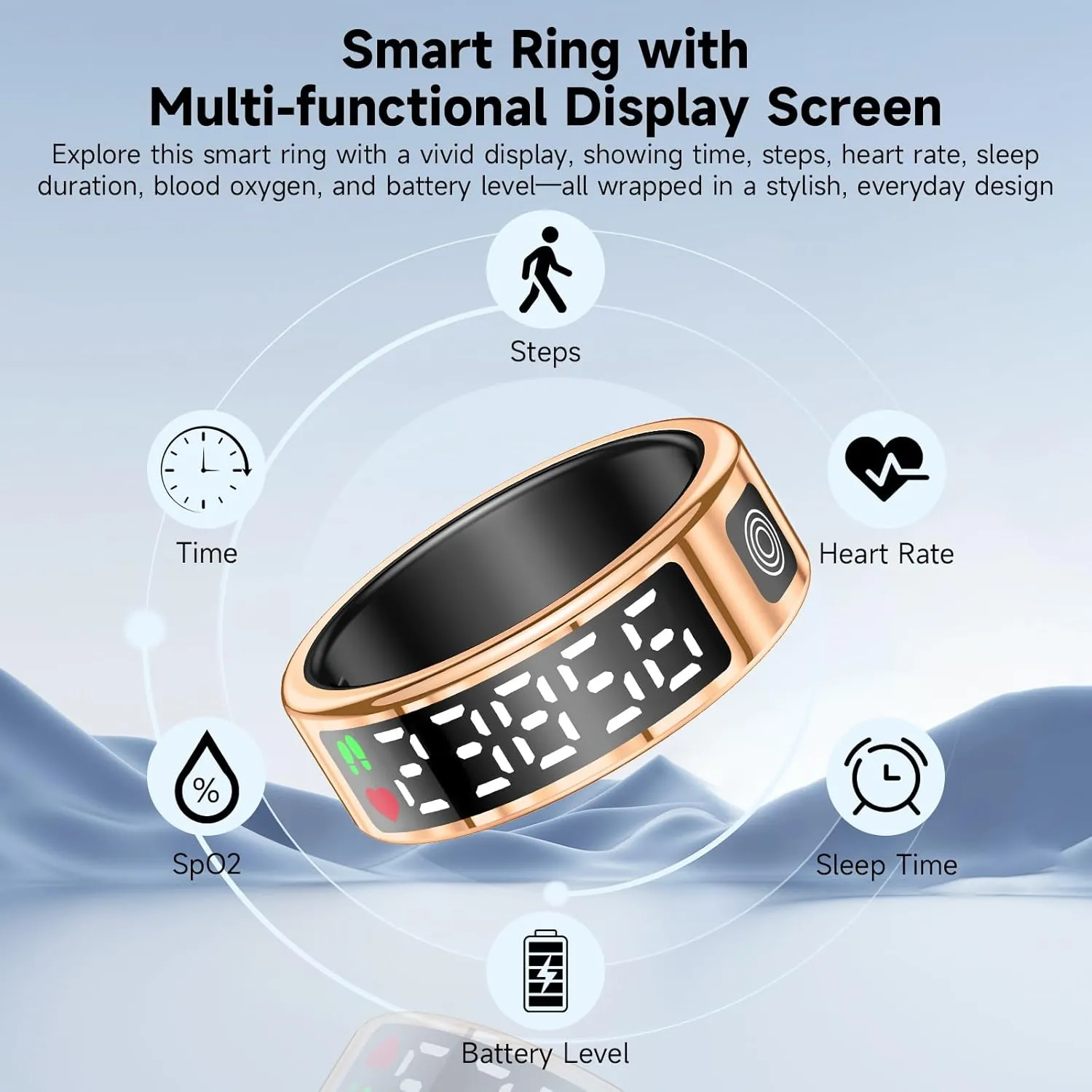 Smart Ring with Display - Fitness Tracker, Heart Rate Monitor, Sleep Tracker, Step Counter, Gesture Control for TikTok & Camera - IP68 Waterproof, Extended Battery Life Gold #10