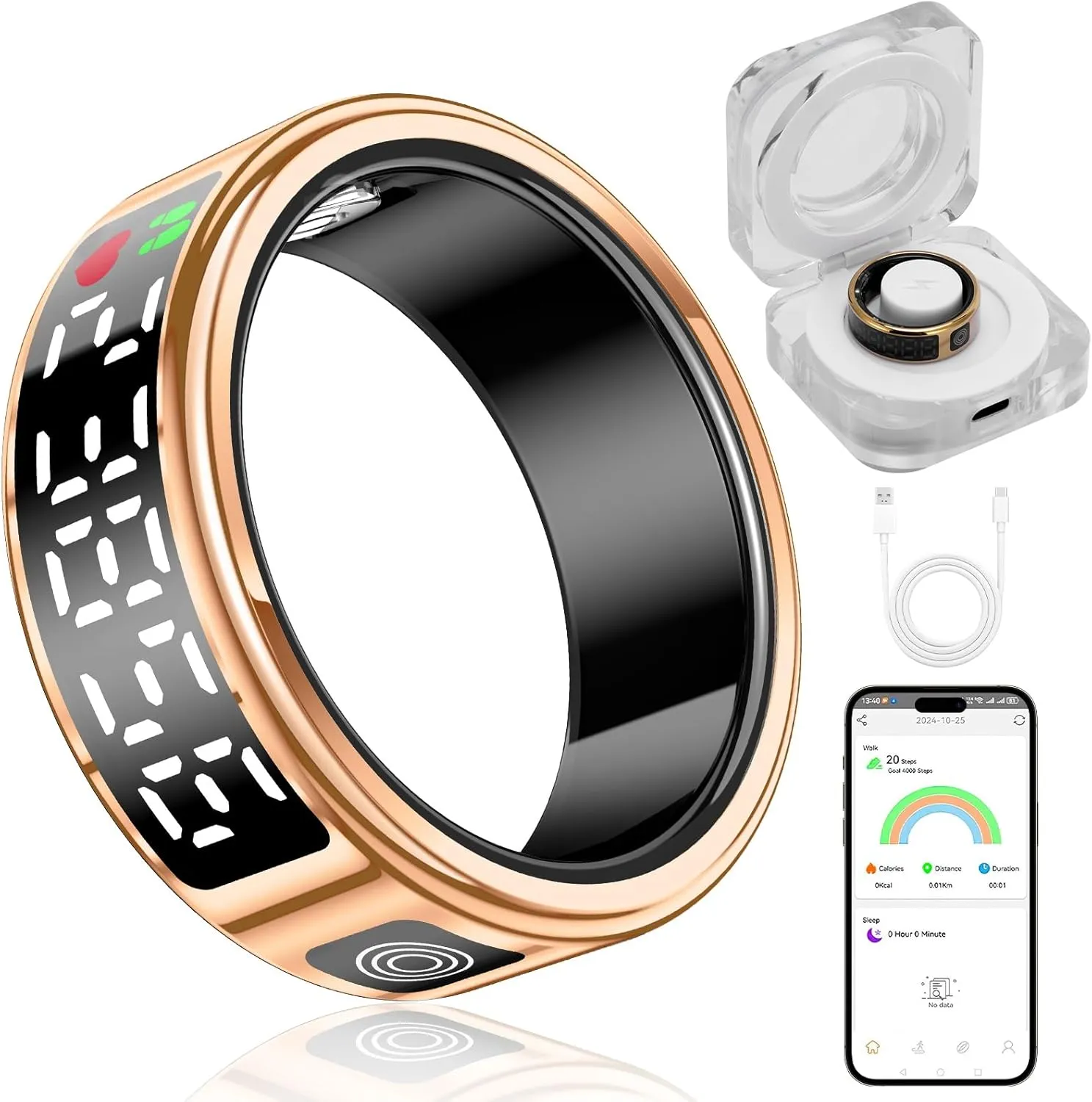 Smart Ring with Display - Fitness Tracker, Heart Rate Monitor, Sleep Tracker, Step Counter, Gesture Control for TikTok & Camera - IP68 Waterproof, Extended Battery Life Gold #10