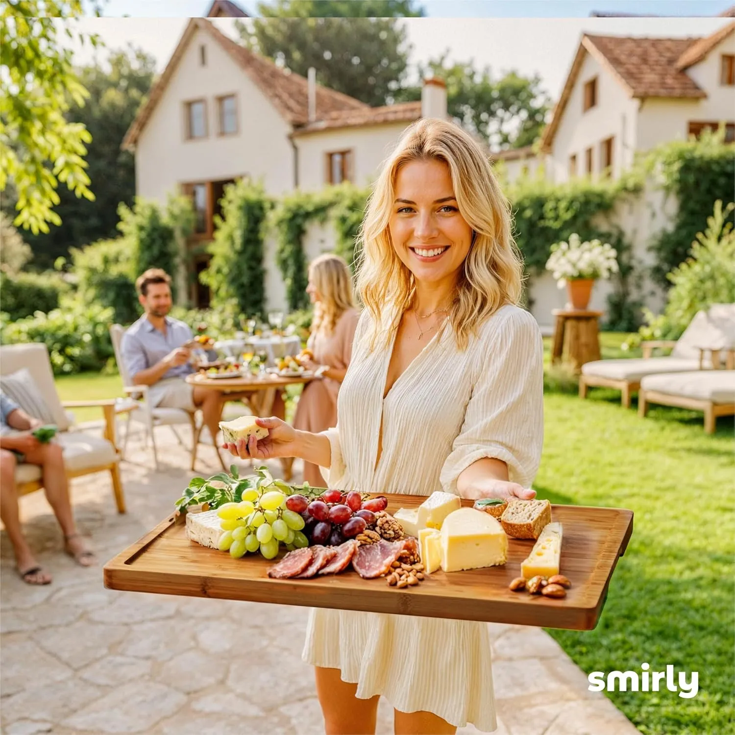 SMIRLY Bamboo Cutting Boards, Brown Bamboo Wood Cutting Board for Kitchen, Set of 4 with Holder & Deep Juice Groove, Butcher Block for Chopping Meat, Charcuterie Cheese Serving Tray, Kitchen Gadgets