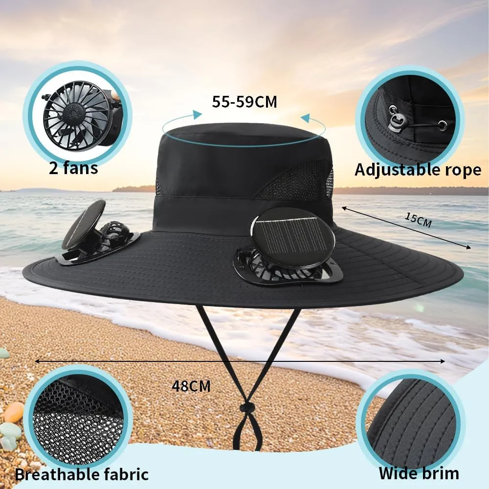 Solar Fan Hat, Women Men Wide Brim Sun Hats with 2 Solar Fan, UPF 50  Breathable Bucket Hat Outdoor Fishing Hat for Camping