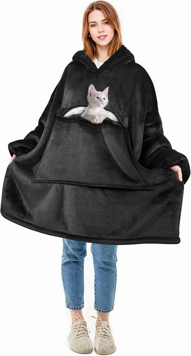 Solaris Oversized Wearable Blanket Hoodie with Pet Pocket, Warm Super Soft Cozy Sherpa Sweatshirt Hoodie for Women Men, Best Gift for Your Loves, Black