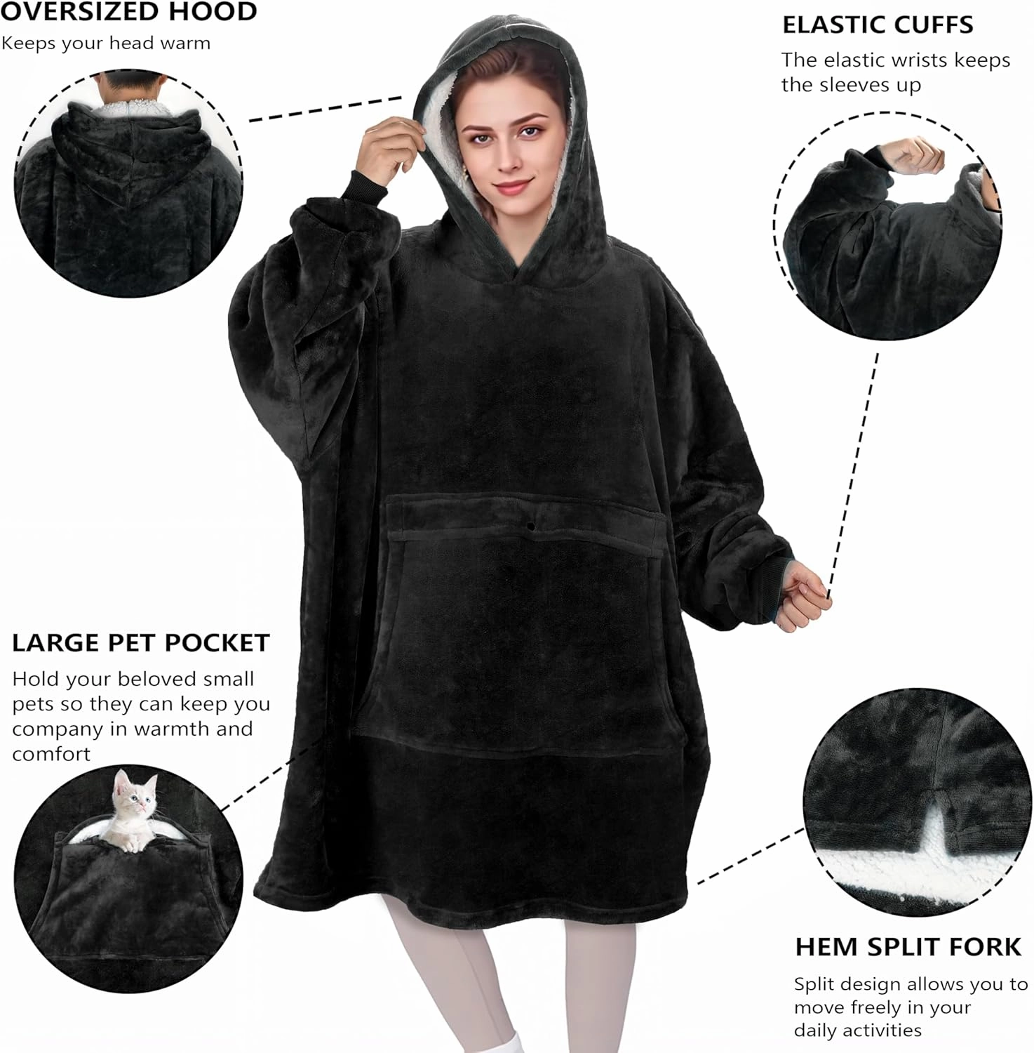 Solaris Oversized Wearable Blanket Hoodie with Pet Pocket, Warm Super Soft Cozy Sherpa Sweatshirt Hoodie for Women Men, Best Gift for Your Loves, Black