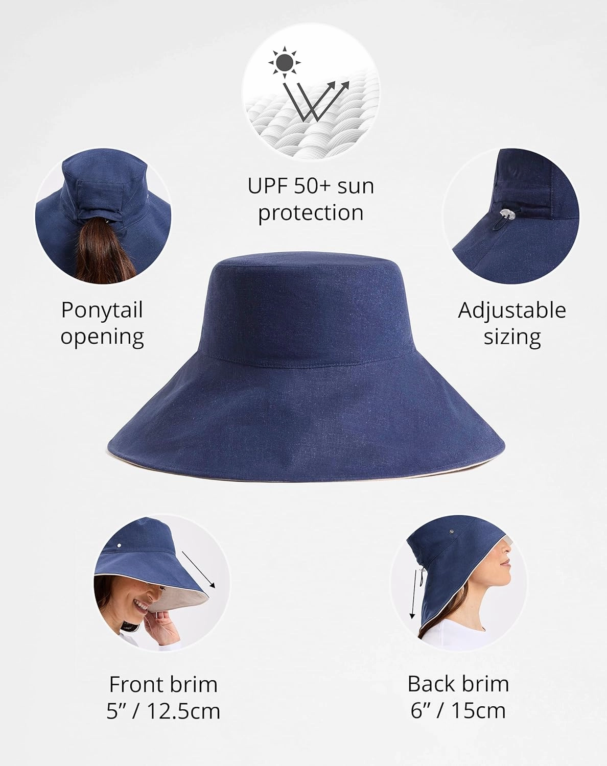 Solbari Women’s Ultra-Wide Cotton Linen Sun Hat UPF 50 , Packable, Adjustable with Ponytail Hole for Travel, Beach & Outdoors
