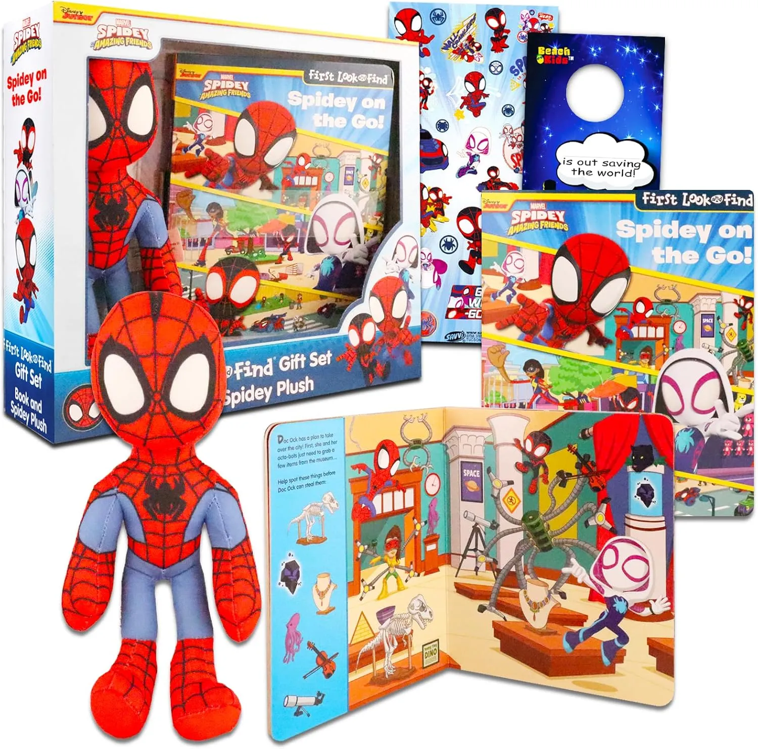 Spidey and His Amazing Friends Toy Figure and Spiderman Look and Find Book - Bundle with Spiderman Plush Toy and Interactive Hide and Seek Activity Book Plus Stickers, More