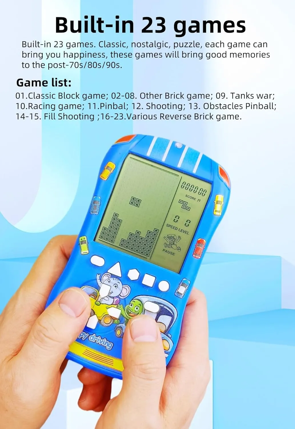 Sports Car Appearance Block Game Console Big Screen Built-in 23 Brick Games 824 Modes Adjustable Speed/Difficulty 70s/80s/90s Handheld Game Decice Kids/Teens/Birthdays (Blue)
