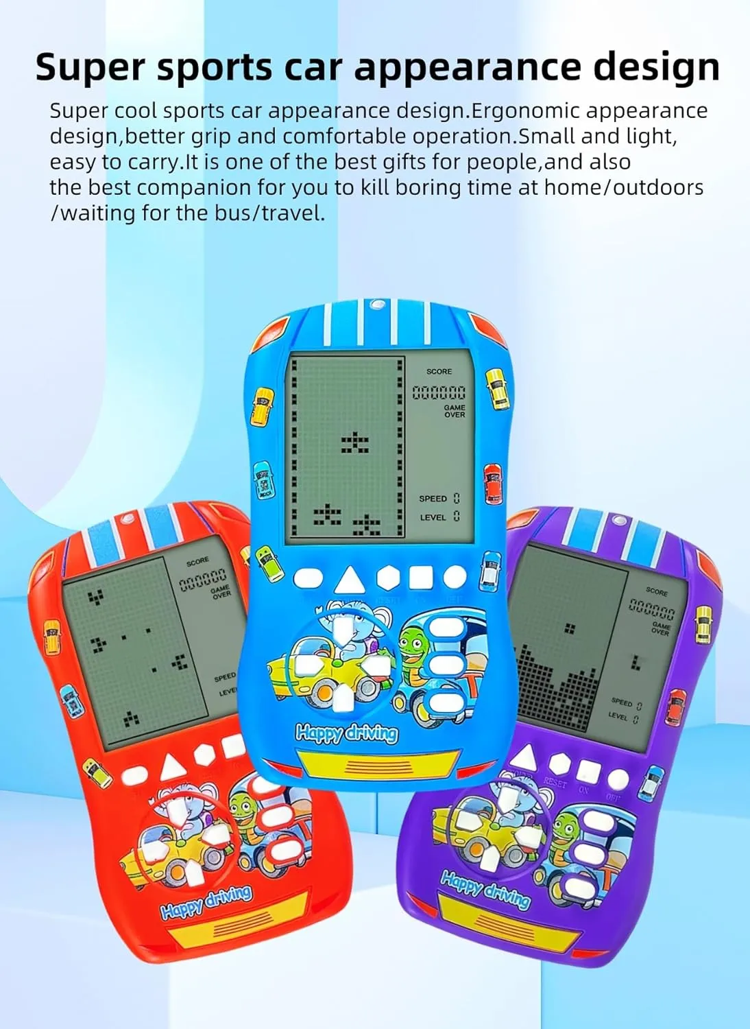 Sports Car Appearance Block Game Console Big Screen Built-in 23 Brick Games 824 Modes Adjustable Speed/Difficulty 70s/80s/90s Handheld Game Decice Kids/Teens/Birthdays (Blue)