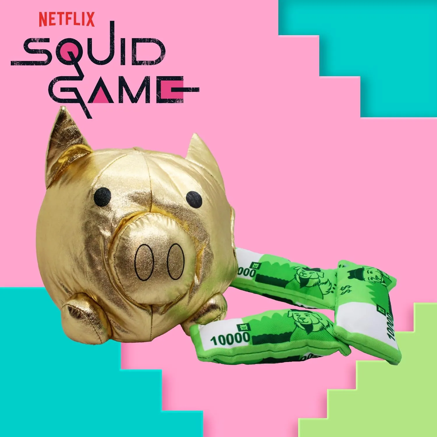 Squid Game Official Merchandise | Plush Toys for Dogs | Gold Nesting Bank with Green Play Money | Interactive Play Toy for Indoor Fun