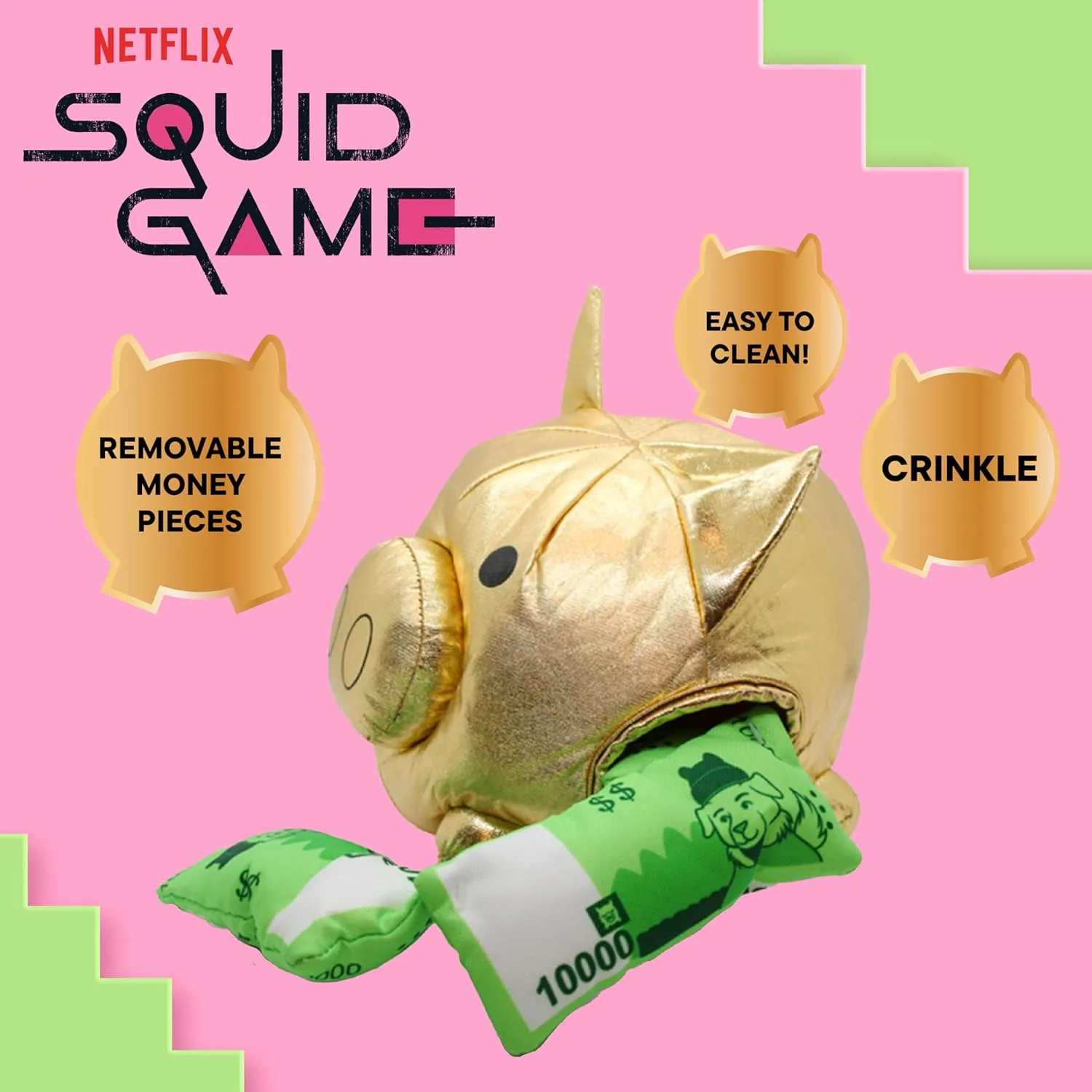 Squid Game Official Merchandise | Plush Toys for Dogs | Gold Nesting Bank with Green Play Money | Interactive Play Toy for Indoor Fun