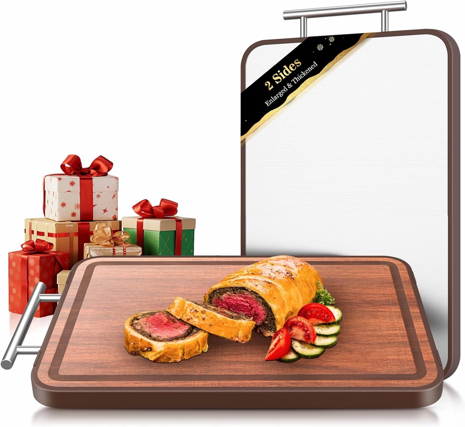 Stainless Steel Cutting Board Double Sided, 2025 Upgraded Ebony Wood Cutting Boards for Kitchen, Charcuterie Board with Juice Groove, Non-Toxic Chopping/Board Titanium 16.3''×11''×1''