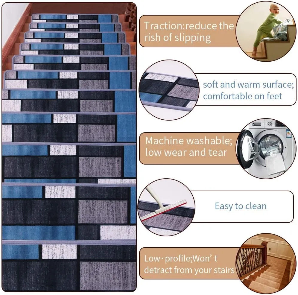 Stair Treads for Wooden Steps Non Slip 13 PCS 8" x 30" Indoor Safety Anti Skid Blue Grey Stairs Carpet Steps Runner Rugs Mat Kid Elder Pet Friendly Staircase Covers [ Carpet Tape Provided ]
