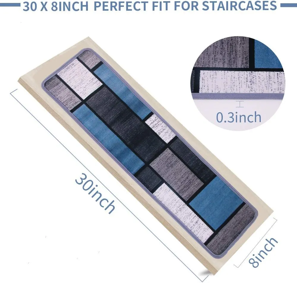 Stair Treads for Wooden Steps Non Slip 13 PCS 8" x 30" Indoor Safety Anti Skid Blue Grey Stairs Carpet Steps Runner Rugs Mat Kid Elder Pet Friendly Staircase Covers [ Carpet Tape Provided ]