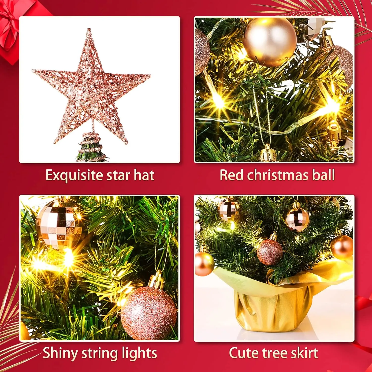 Sumind 24 Inch Tabletop Mini Christmas Tree Set with LED Lights, 24 Christmas Ball Ornaments, Pre-Lit Small Artificial Tree Decoration for Xmas Table Indoor Holiday(Rose Gold)
