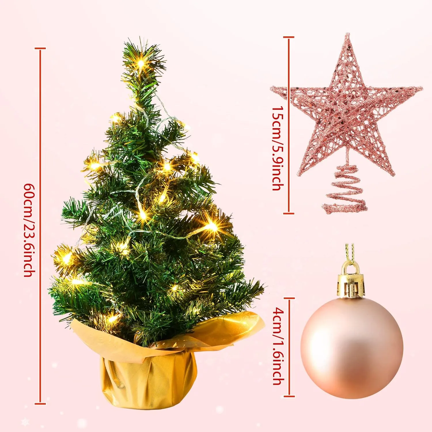 Sumind 24 Inch Tabletop Mini Christmas Tree Set with LED Lights, 24 Christmas Ball Ornaments, Pre-Lit Small Artificial Tree Decoration for Xmas Table Indoor Holiday(Rose Gold)