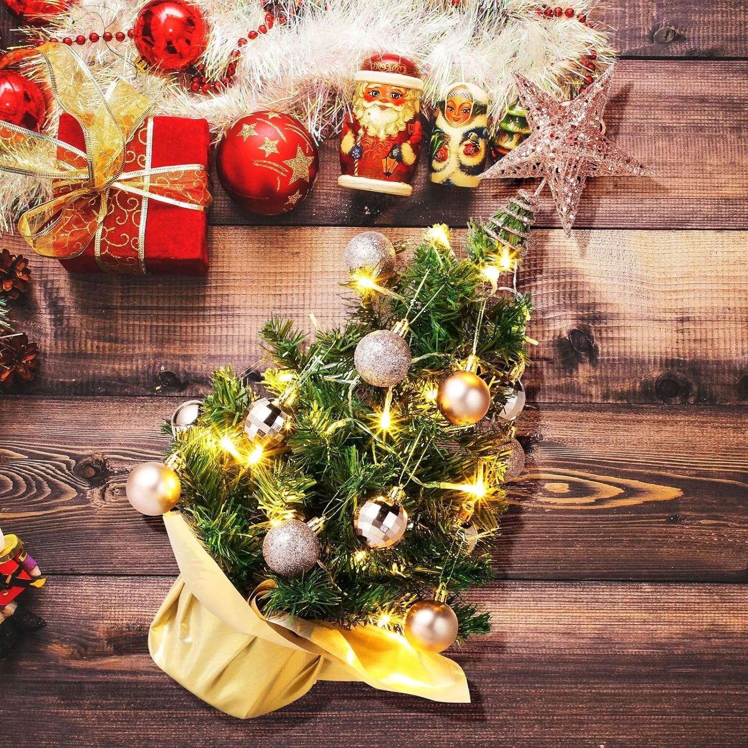 Sumind 24 Inch Tabletop Mini Christmas Tree Set with LED Lights, 24 Christmas Ball Ornaments, Pre-Lit Small Artificial Tree Decoration for Xmas Table Indoor Holiday(Rose Gold)