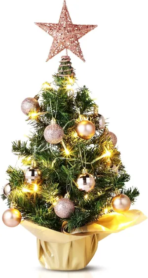 Sumind 24 Inch Tabletop Mini Christmas Tree Set with LED Lights, 24 Christmas Ball Ornaments, Pre-Lit Small Artificial Tree Decoration for Xmas Table Indoor Holiday(Rose Gold)