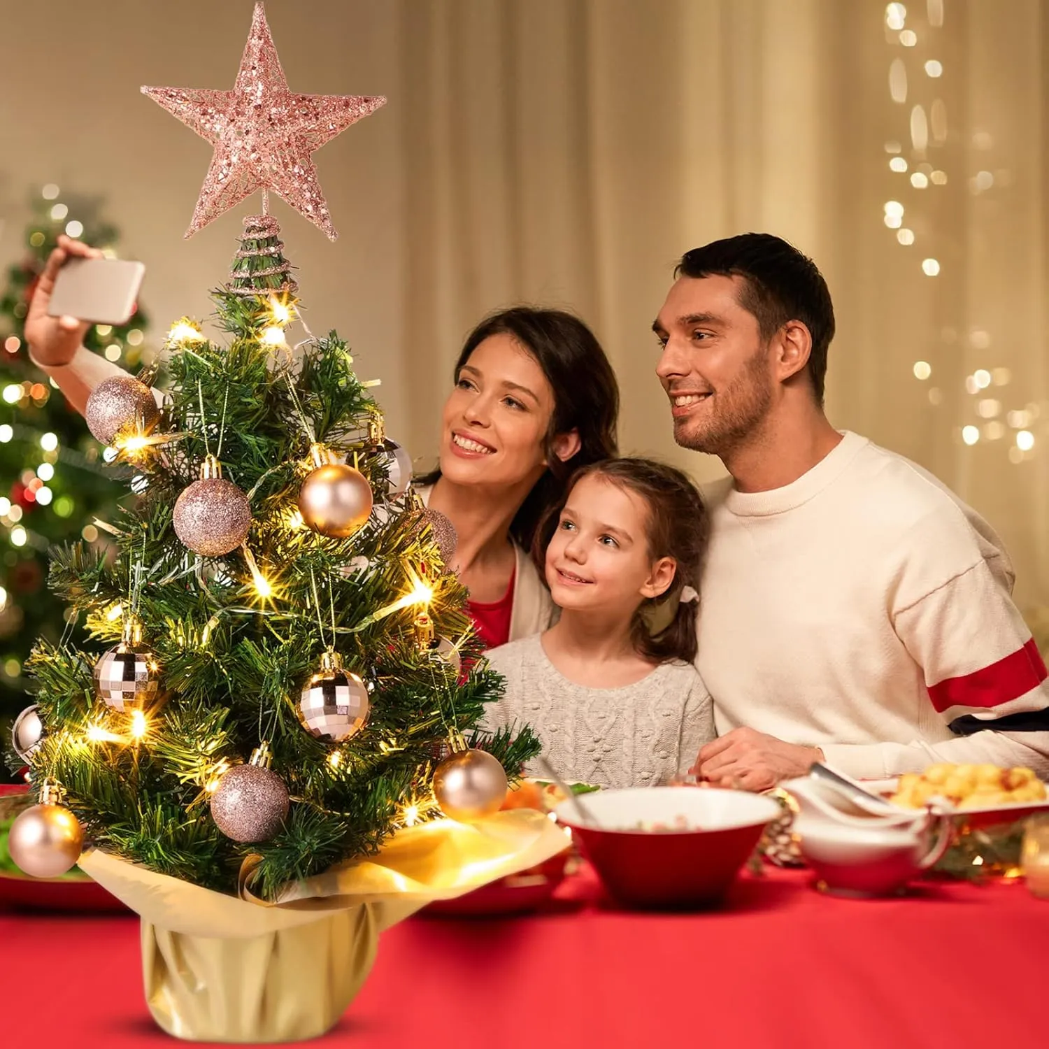 Sumind 24 Inch Tabletop Mini Christmas Tree Set with LED Lights, 24 Christmas Ball Ornaments, Pre-Lit Small Artificial Tree Decoration for Xmas Table Indoor Holiday(Rose Gold)