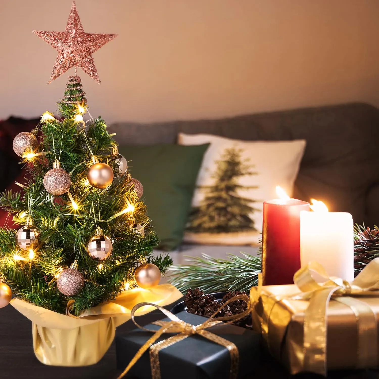 Sumind 24 Inch Tabletop Mini Christmas Tree Set with LED Lights, 24 Christmas Ball Ornaments, Pre-Lit Small Artificial Tree Decoration for Xmas Table Indoor Holiday(Rose Gold)