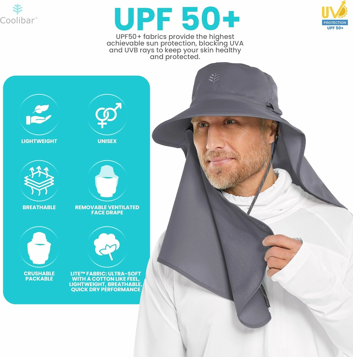 Sun Hat with Fold-Away Neck Drape & Clip-On Face Mask- UPF50  Sun Protection - Ideal for Fishing - Stevie - Unisex (One Size)