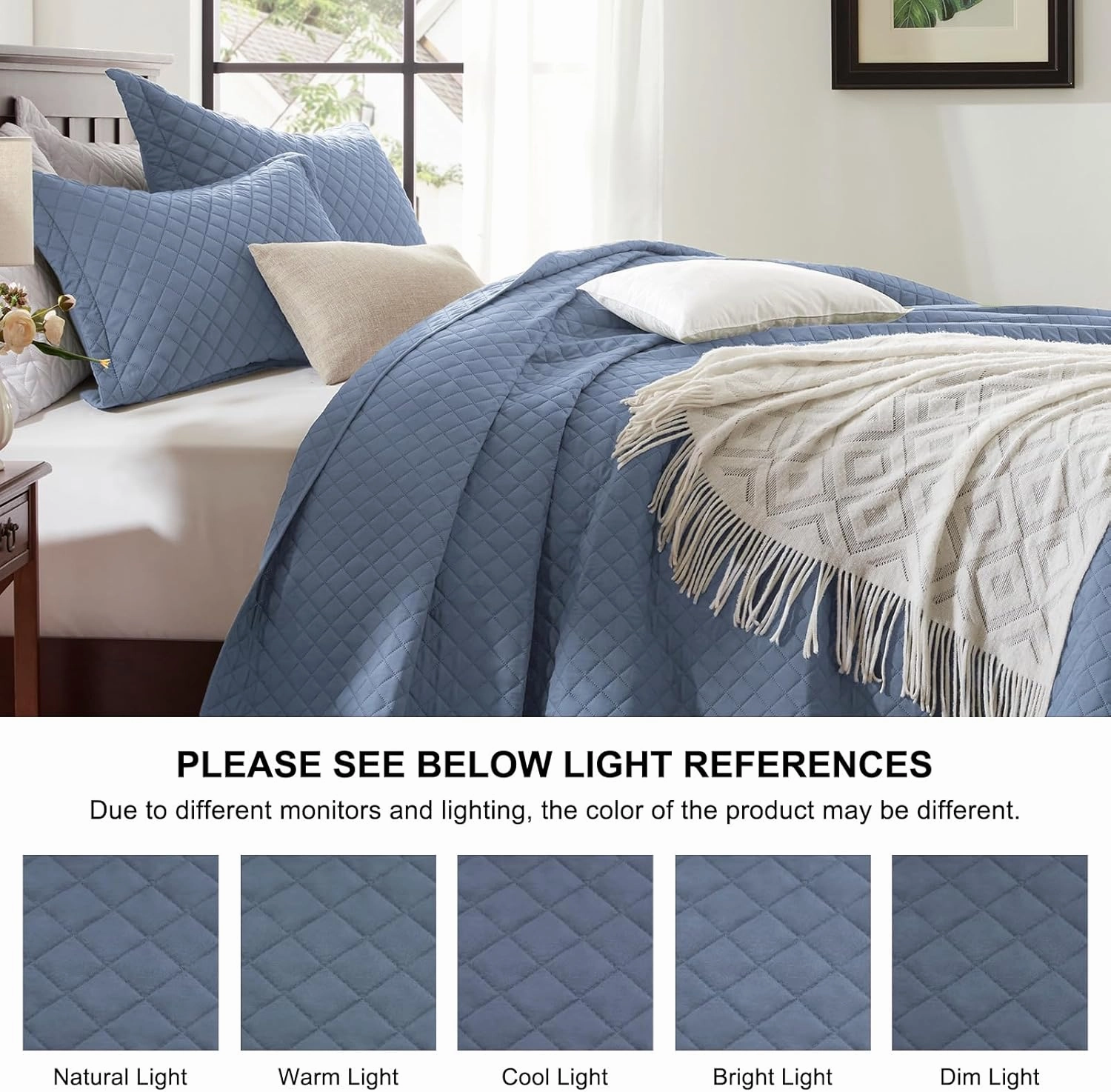 SunStyle Home King Quilt Bedding Set Blue, Lightweight Summer Bedspread Blanket, King Size Quilt, Luxury Durable Quilted Stitching Coverlet with 2 Pillow Shams Diamond in Pattern All Seasons 3pcs