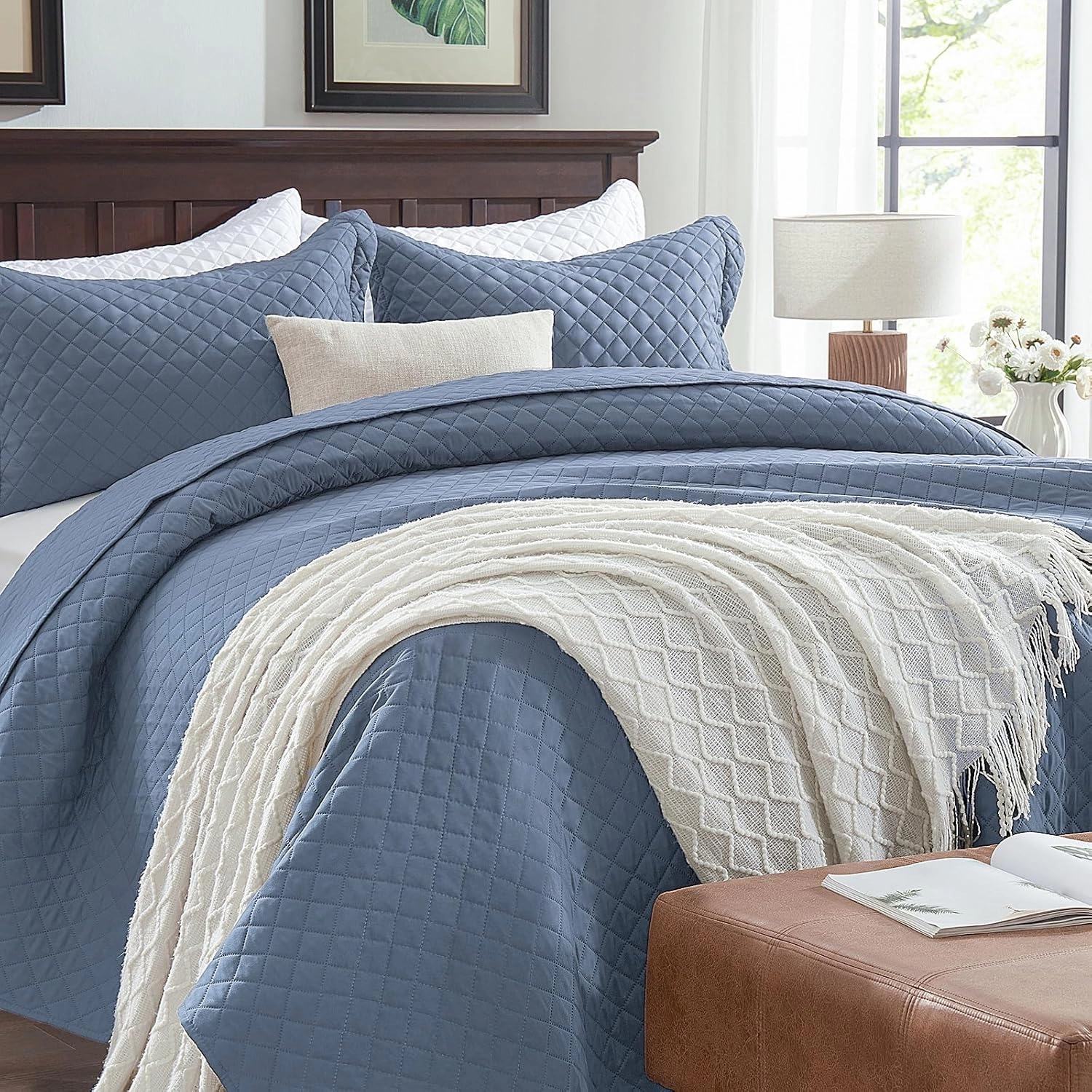 SunStyle Home King Quilt Bedding Set Blue, Lightweight Summer Bedspread Blanket, King Size Quilt, Luxury Durable Quilted Stitching Coverlet with 2 Pillow Shams Diamond in Pattern All Seasons 3pcs