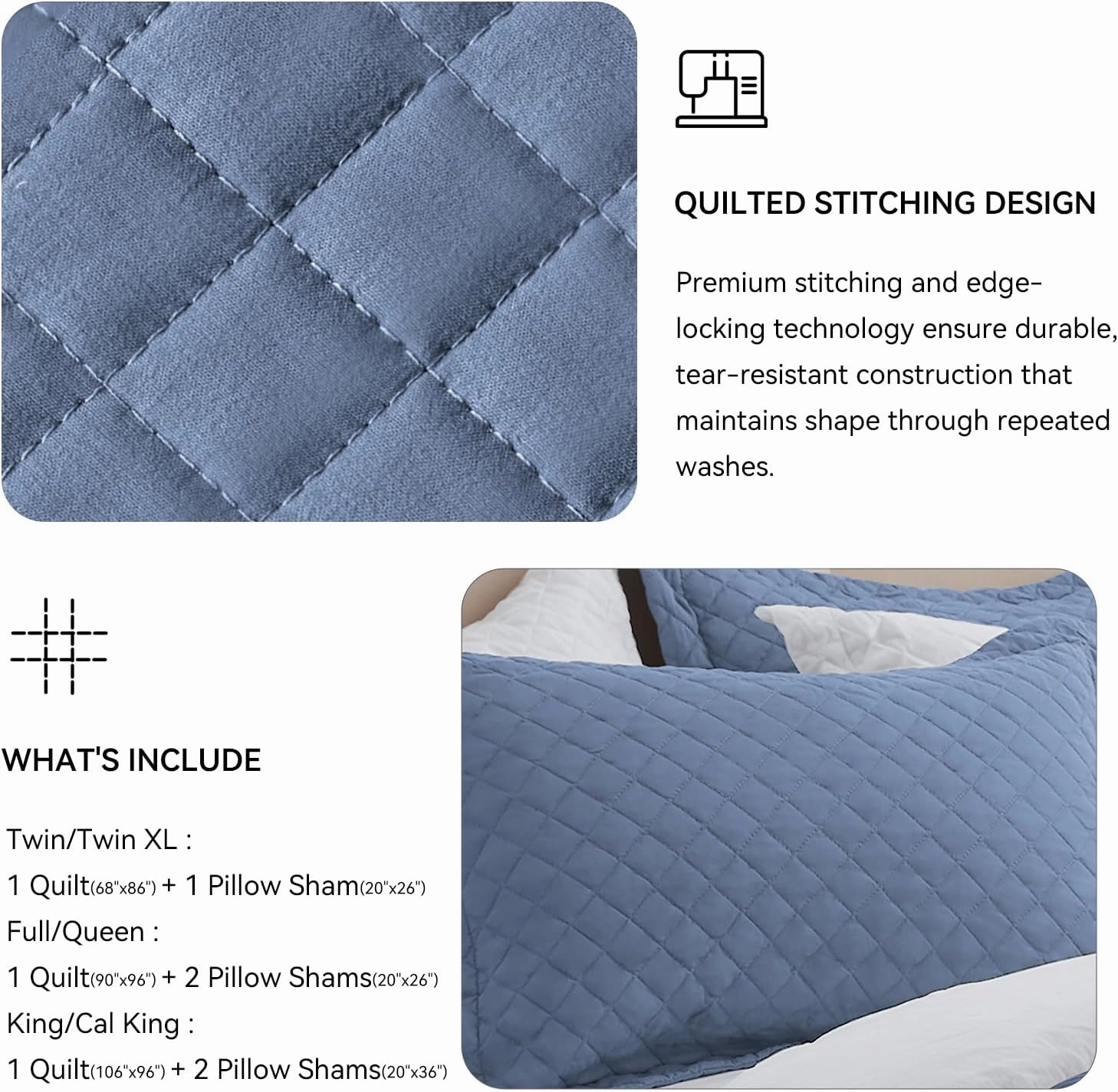 SunStyle Home King Quilt Bedding Set Blue, Lightweight Summer Bedspread Blanket, King Size Quilt, Luxury Durable Quilted Stitching Coverlet with 2 Pillow Shams Diamond in Pattern All Seasons 3pcs