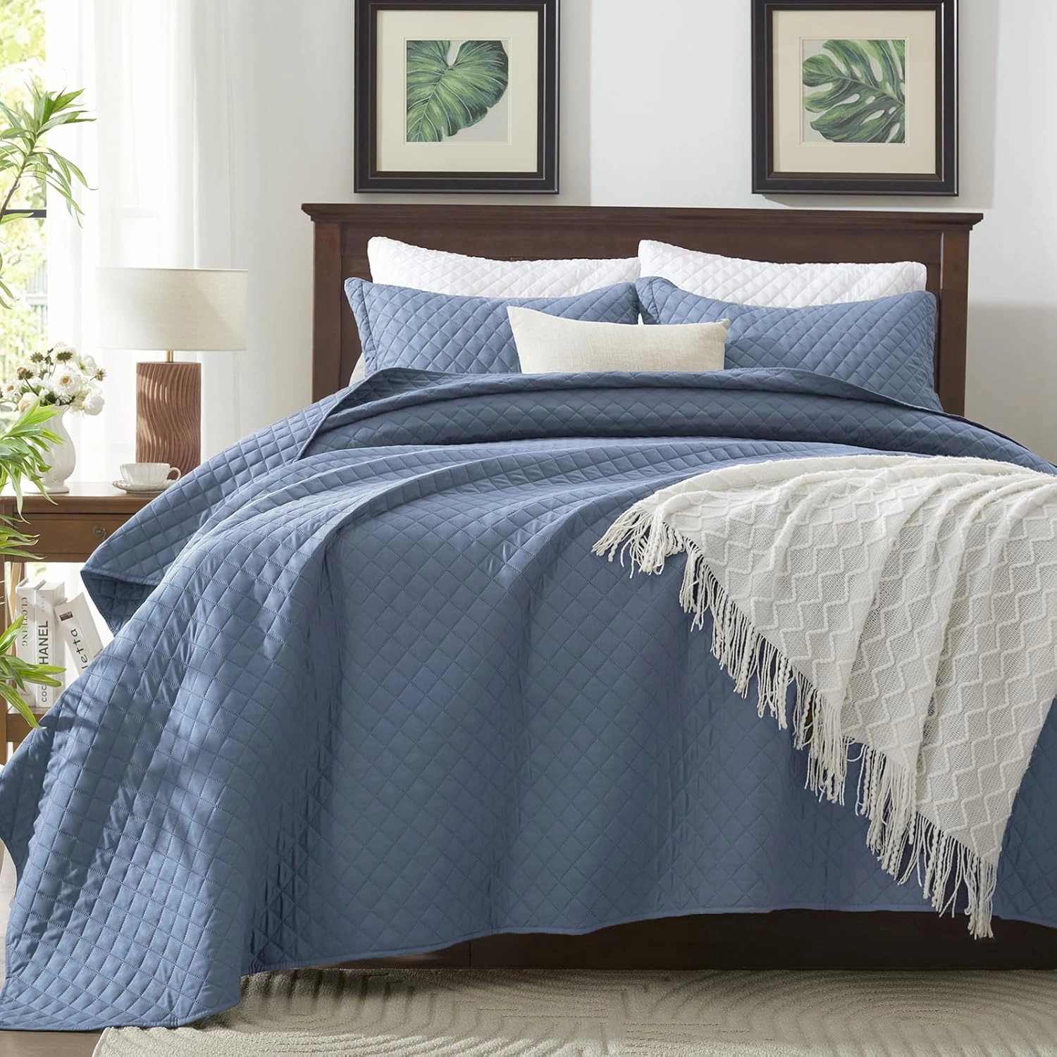 SunStyle Home King Quilt Bedding Set Blue, Lightweight Summer Bedspread Blanket, King Size Quilt, Luxury Durable Quilted Stitching Coverlet with 2 Pillow Shams Diamond in Pattern All Seasons 3pcs