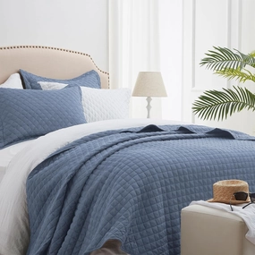SunStyle Home King Quilt Bedding Set Blue, Lightweight Summer Bedspread Blanket, King Size Quilt, Luxury Durable Quilted Stitching Coverlet with 2 Pillow Shams Diamond in Pattern All Seasons 3pcs