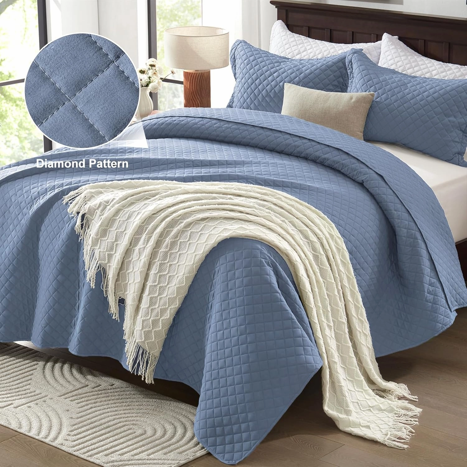 SunStyle Home King Quilt Bedding Set Blue, Lightweight Summer Bedspread Blanket, King Size Quilt, Luxury Durable Quilted Stitching Coverlet with 2 Pillow Shams Diamond in Pattern All Seasons 3pcs