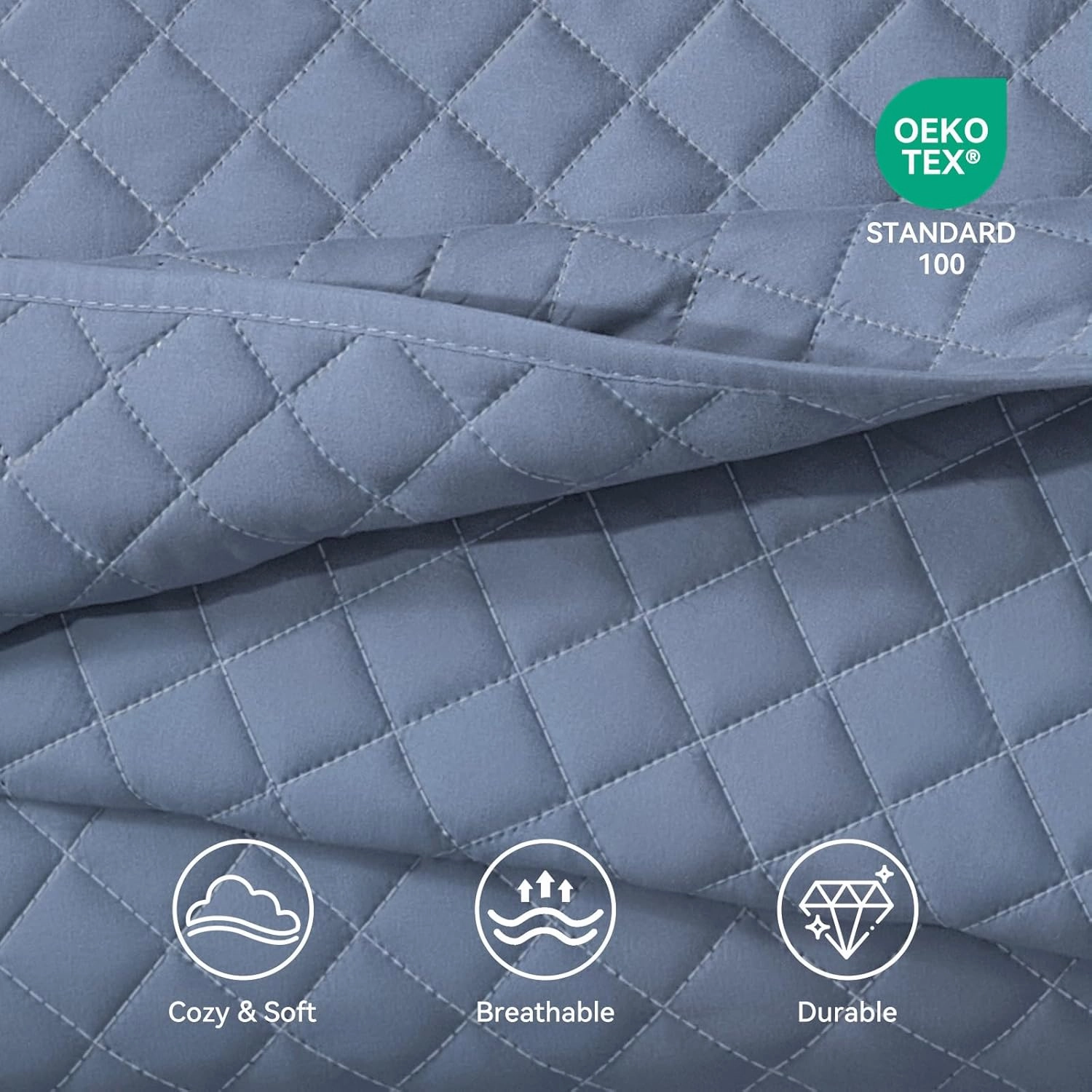 SunStyle Home King Quilt Bedding Set Blue, Lightweight Summer Bedspread Blanket, King Size Quilt, Luxury Durable Quilted Stitching Coverlet with 2 Pillow Shams Diamond in Pattern All Seasons 3pcs