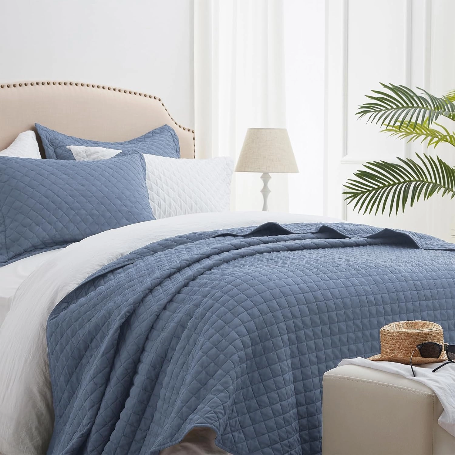 SunStyle Home King Quilt Bedding Set Blue, Lightweight Summer Bedspread Blanket, King Size Quilt, Luxury Durable Quilted Stitching Coverlet with 2 Pillow Shams Diamond in Pattern All Seasons 3pcs