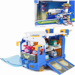 Super Wings Season 7 New Super Pets' Mini Base，Transforming Playset from Bus to Aircraft, with Super Pet Jett & Dizzy, Role Play Toys for Kids, Gifts for Girls Boys Age 3 