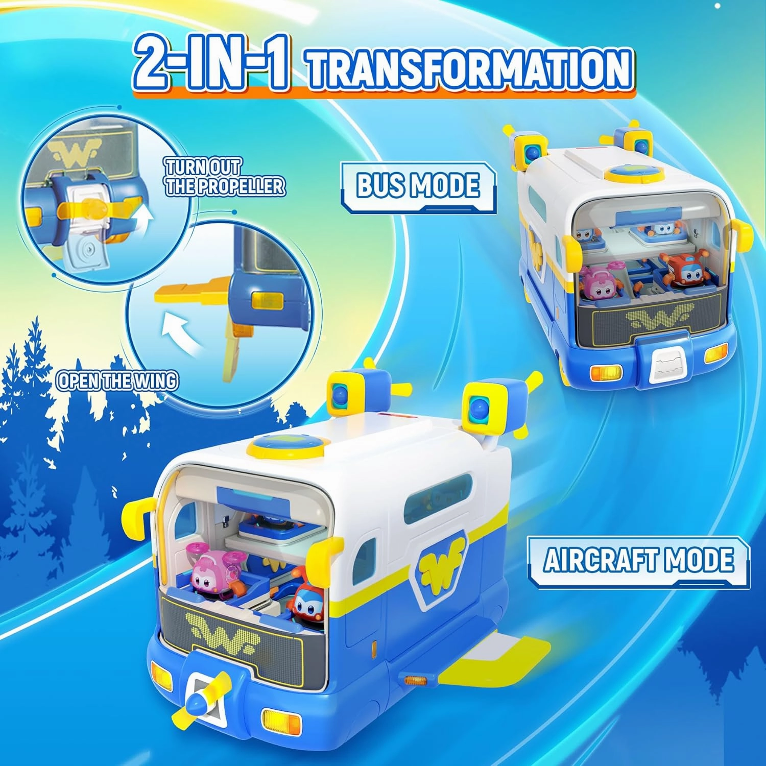 Super Wings Season 7 New Super Pets' Mini Base，Transforming Playset from Bus to Aircraft, with Super Pet Jett & Dizzy, Role Play Toys for Kids, Gifts for Girls Boys Age 3 