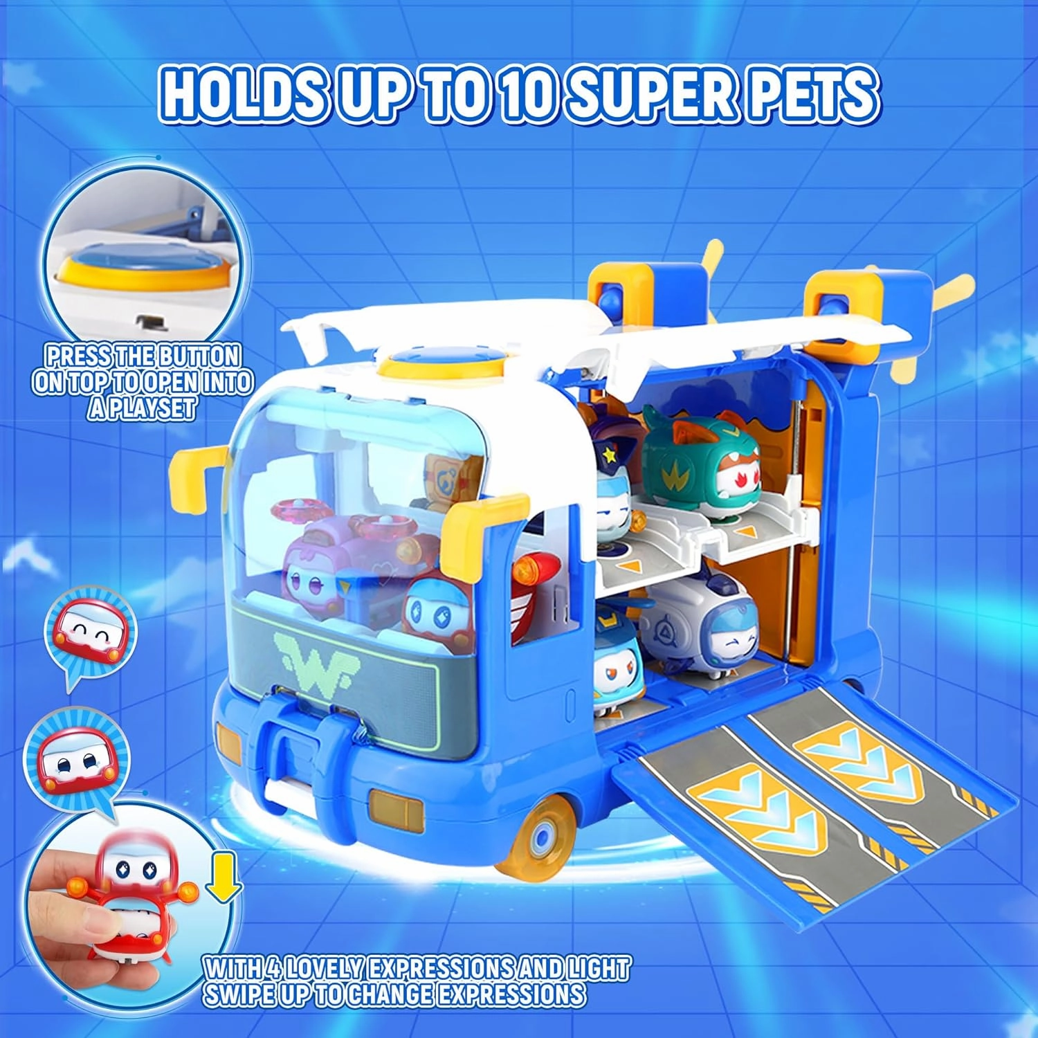 Super Wings Season 7 New Super Pets' Mini Base，Transforming Playset from Bus to Aircraft, with Super Pet Jett & Dizzy, Role Play Toys for Kids, Gifts for Girls Boys Age 3 