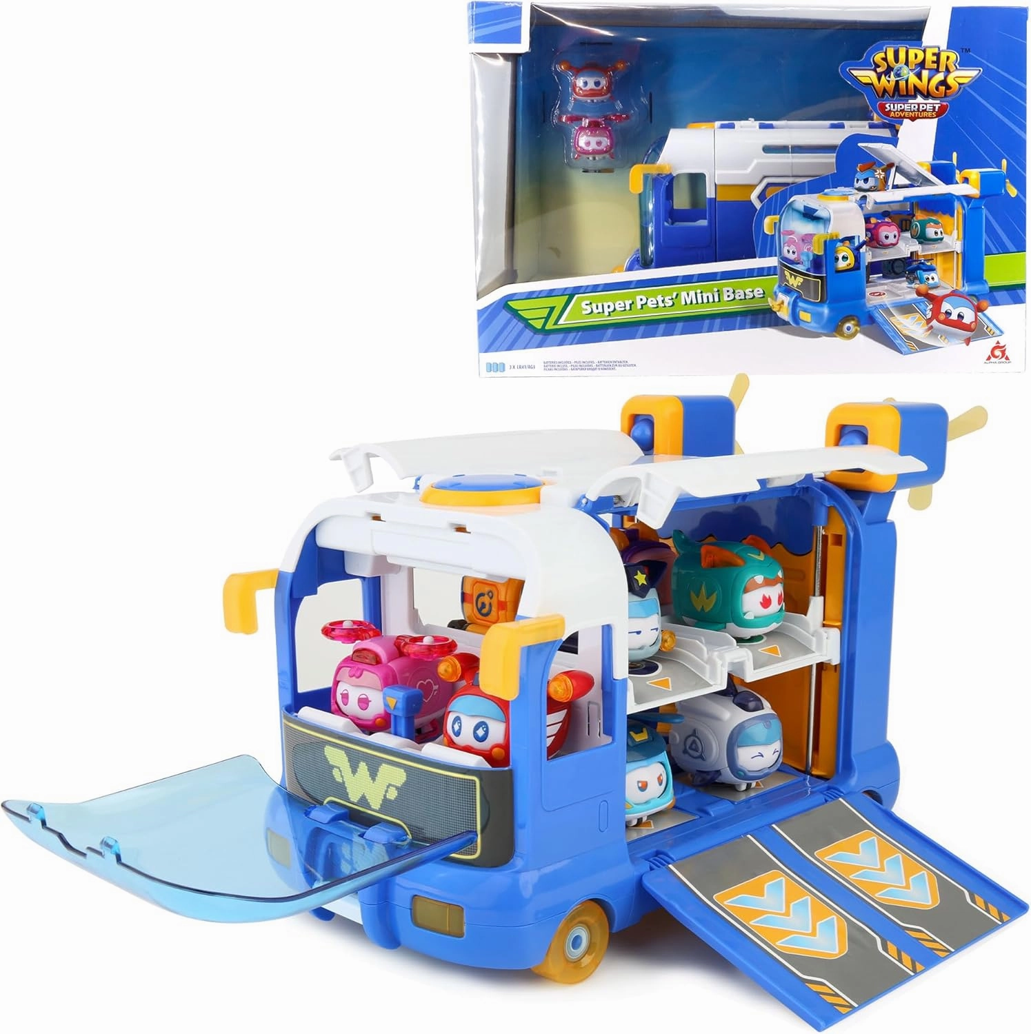 Super Wings Season 7 New Super Pets' Mini Base，Transforming Playset from Bus to Aircraft, with Super Pet Jett & Dizzy, Role Play Toys for Kids, Gifts for Girls Boys Age 3 