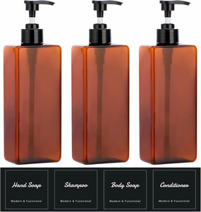 Suream Amber Shampoo and Conditioner Dispenser with Black Plastic Pump, 16.9oz Refillable Shower Bottle for Bathroom, Empty Container for Body Wash, Hand Soap, Lotion, Massage Oil