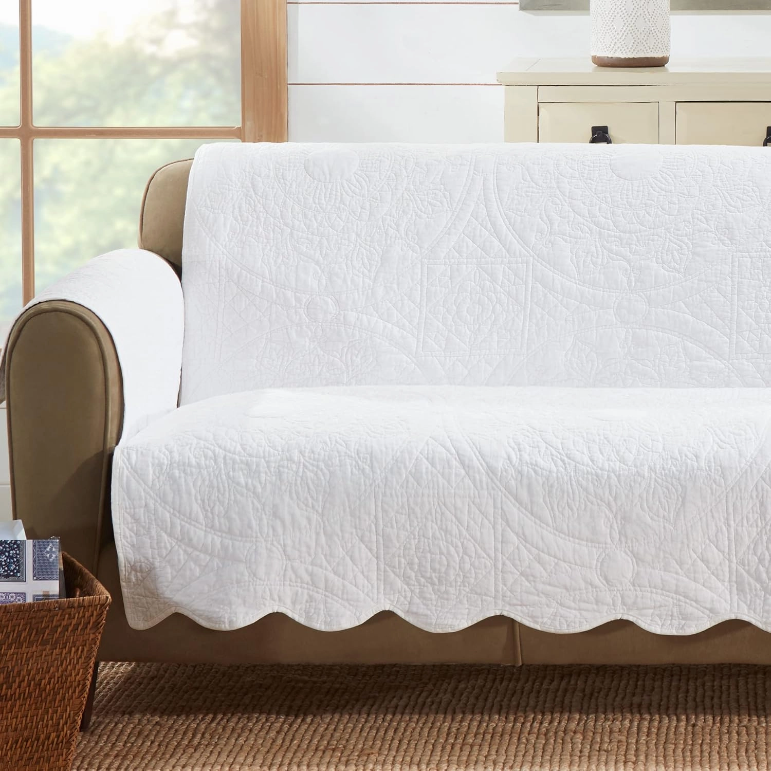 SureFit Heirloom Quilted Cotton Furniture Cover with Scallop Edge, Sofa Cover, Pet Friendly, Machine Washable, Grey
